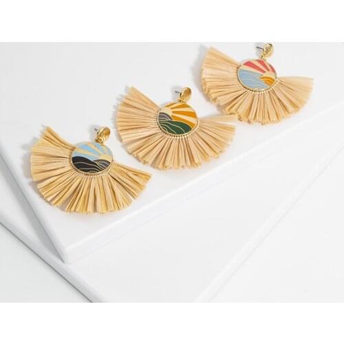 Jaeeyin New Arrivals Autumn Big Statement Raffia Tassel Enamel Seaside Jewelry Dangle Ear Ring Bohemian Stud Earrings Country