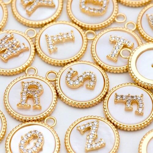 Gold Alphabet Charms, CZ Paved English Letter, Shell Disc Coin Pendants For DIY Jewelry Making, You Choose Letter (GB-1635)