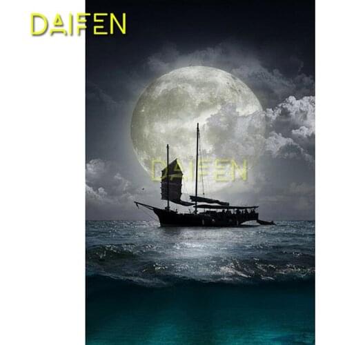 Full Round Diamond embroidery Cross stitch big round moon Full Square Diamond mosaic 5D DIY Diamond painting boat in the sea