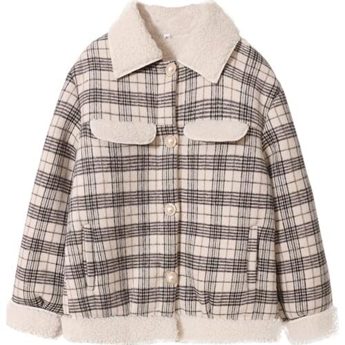 PERHAPS U Women Khaki Plaid Faux Woolen Blend Peacoat Patchwork Lambswool Teddy Button Pocket Coat Winter C0402