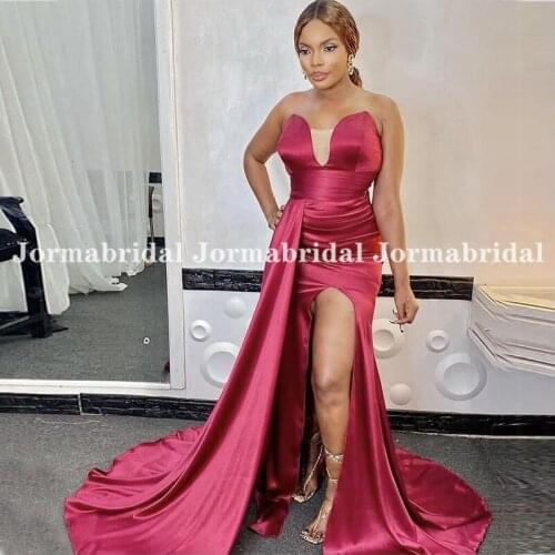 Sexy High Slit Red Evening Dress With Streamer V-Neck Shiny Satin Prom Gowns Sweep Train Formal Long Night Dresses For Women