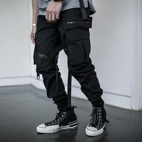 Men personality ribbons hip hop cargo pants multi pockets casual joggers men black streetwear korean style harem pants