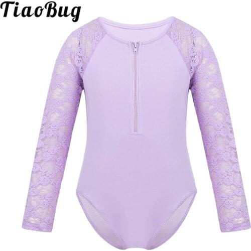 TiaoBug Kids Girls Floral Lace Long Raglan Sleeve Round Neck Ballet Leotard Dance Costume Children Gymnastics Bodysuit Dancewear