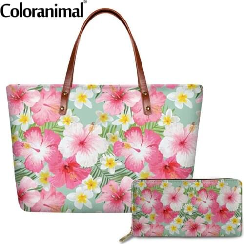 Coloranimal Polynesian Plumeria Pattern Women Tote Shoulder Bag 2Pcs/Set Crossbody Bag With Wallet Large Tote Handbag for Ladies