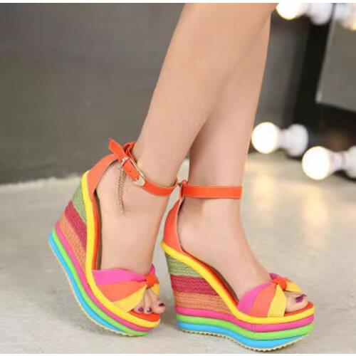 Summer Wedge Ladies Sandals Shoes Fashion Woman Shoes Bow Narrow Combination Open High Heels Sandals Women Sexy