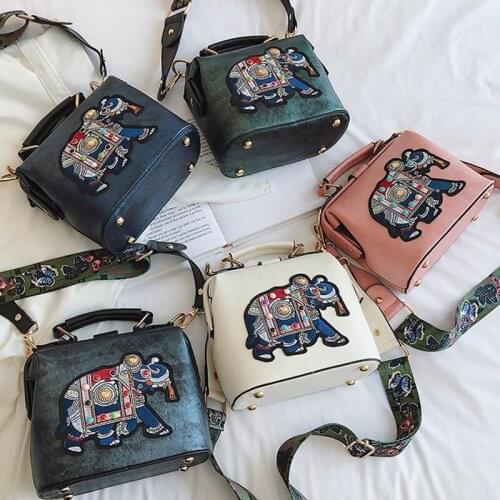 Women Handbags Purses Vintage Embroidery Elephant Crossbody Bags Wide Butterfly Strap Pu Leather Shoulder Messenger Bag Tote