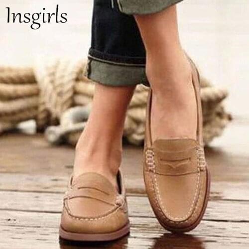 Womens Retro Flats 2021 Spring Autumn New Soft Artificial Leather Ladies Slip On Comfy Loafers Home Office Party Female Shoes