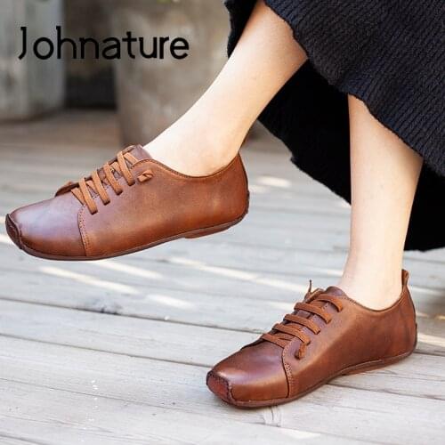 Johnature Genuine Leather Flats Women Shoes 2021 New Spring/Autumn Lace-Up Shallow Handmade Retro Concise Casual Ladies Shoes