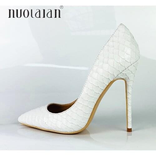 2019 Brand Fashion Women Shoes White Snake Printed Sexy Stilettos High Heels 12cm/10cm/8cm Pointed Toe Women Pumps