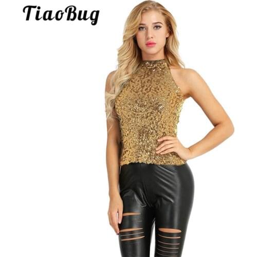 TiaoBug Fashion Shimmer Flashy Sequins Embellished Halter Sleeveless Nightclub Party Rave Women Tank Tops Pole Dance Costume