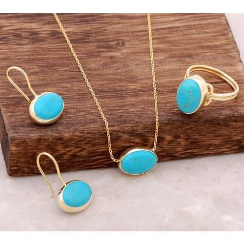 2021 Turkish Handmade 925 Sterling Silver Design Set with Natural Turquoise Stone Gold for Women Elegant Fashion Luxury Jewelry