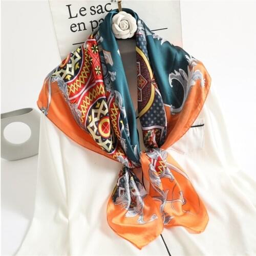 2021 Women Scarf Design Print Silk Square Neckercheif Bandana Shawl Wraps Foulard Female Hijab Scarves Fashion Pashmina New