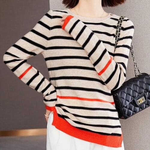 Fall 2021 Women Clothing Vintage Striped Sweater Long Sleeve O Neck Knitted Tops Female Casual Fashion Split Pullovers Sweaters