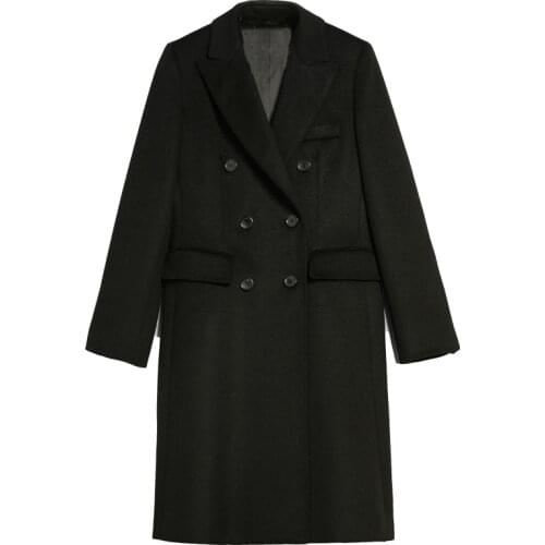 Autumn winter fashion double breasted woolen coat women notched lapel office lay slim long wool blends coat