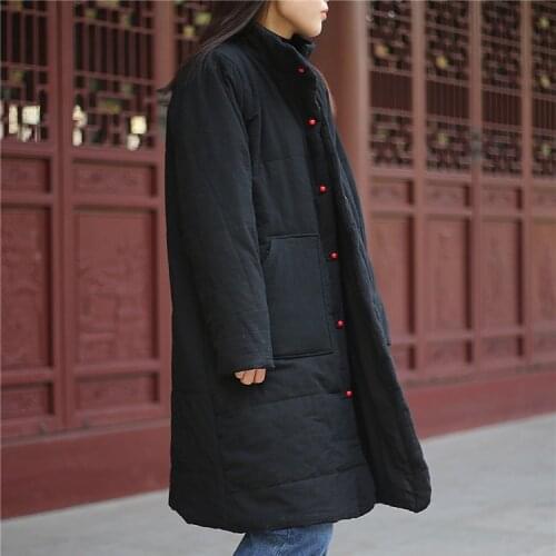 Free size women original Chinese style overcoat middle long retro outwear plus cotton thicken topcoat long sleeve wadded coat