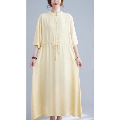 Korea Style Fashion Blouse Dress Soft Cotton Linen 2021 New Loose Women Long Summer Dress Draw String Office Lady Work Dress