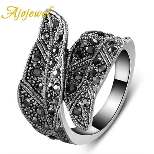 Ajojewel Trendy Black CZ Leaf Wide Ring Women Jewellery Vintage