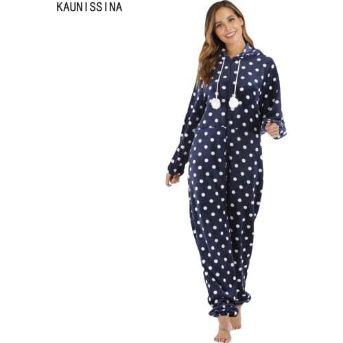 Winter Women Onesie Flannel Pajamas Long Sleeve Hooded Polka Dot One Piece Pajama Suit Christmas Onesies for Adults Homewear Set