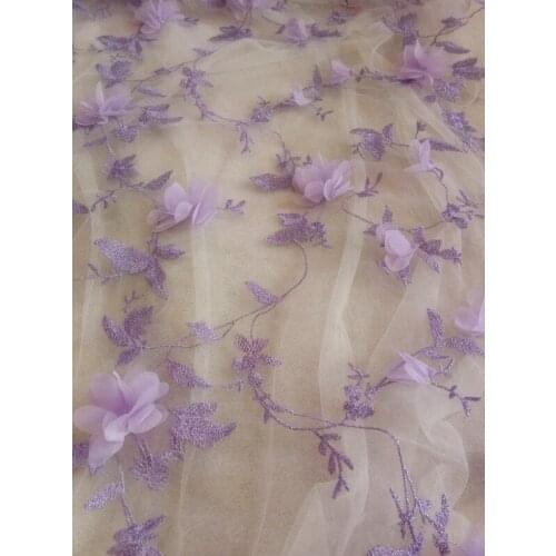 1 yard purple lace fabric with 3D flowers, purple embroidered lace fabric, florals lace fabric