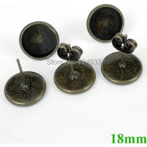 18mm Antique Bronze tone Blank Bases Round Bezel Pin Stud Earrings Post w/ Stopper Earring Settings Findings Craft Wholesale