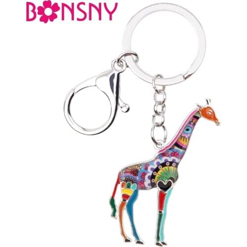 Bonsny Enamel Metal Africa Jungle Giraffe Key Chain Key Ring Keychain Charms For Ladies Women Bag Car Novelty Jewelry Gift Bulk