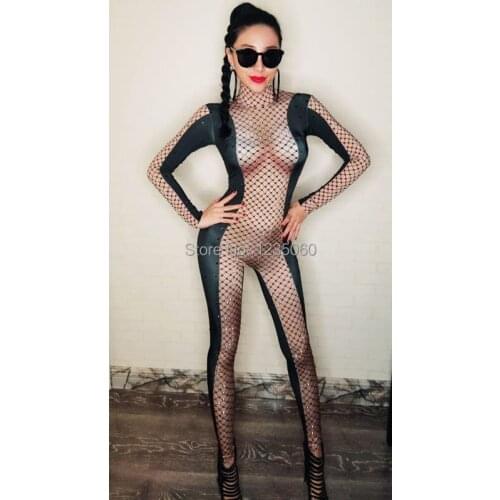 Black Rhinestones Mesh Printed Sexy Nude Jumpsuit Female Singer DS Bodysuit Nightclub Womens Birthday Party Stage Show Clothes