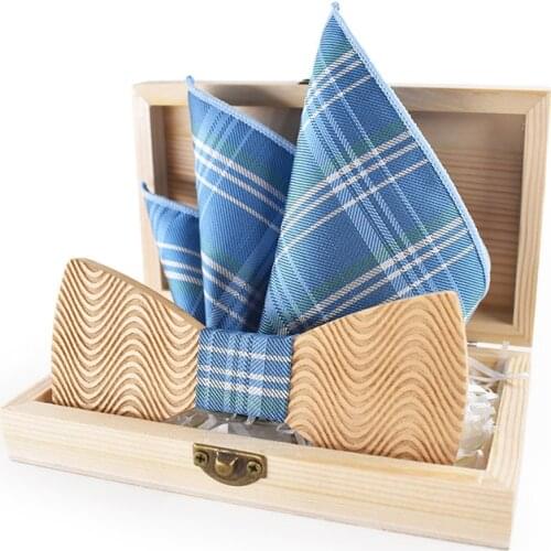 Droppshipping accesorios de hombre kerchief party adjust groom wedding flow mark maple wood bow tie set with package