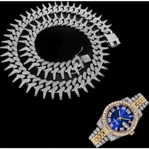 2pcs Kit 25MM Hip Hop Heavy Iced Out Cuban Link Full AAA Crystal Pave Watch+Thorns Necklace+Bracelet for Men Jewelry