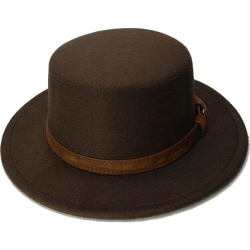 LUCKYLIANJI Retro Kid Vintage 100% Wool Wide Brim Cap Pork Pie Porkpie Bowler Hat coffee Leather Band(54cm/Adjusted)