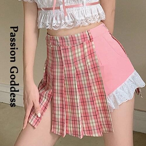 Kawaii Women Lace Irregular Pleated Skirts Harajuku Lace Plaid Stitching Loli Skirts Female Sweet Black Pink Pleated Skirt Mujer
