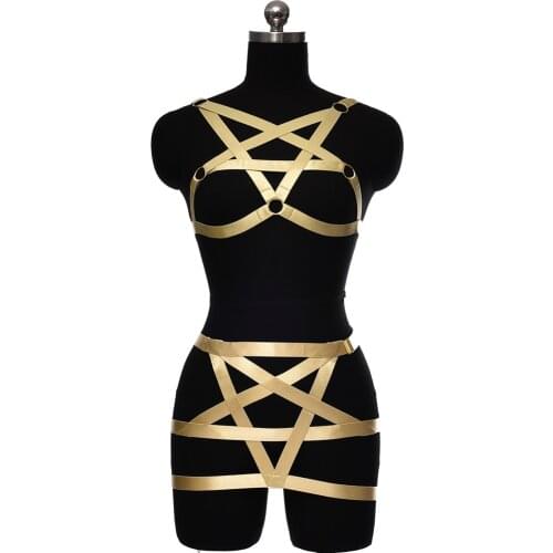 Multicolor Crop Top Women Underwear Bra SexyBody Harness Pentagram Hollow Skirt Elastic Bondage Harness Body Cage Set