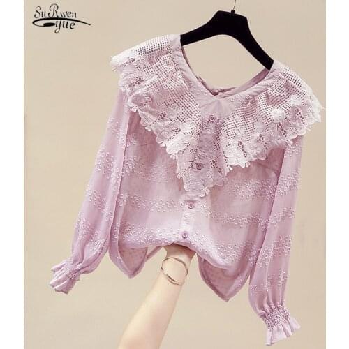 Autumn Lace Chiffon Shirt Women 2021 Office Floral Ruffles V Neck Women Blouse Long Sleeve Plus Size Pullovers Ladies Tops 11158