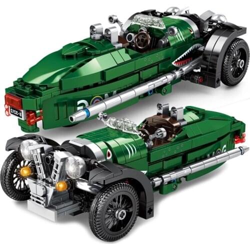 Pull Back Green Morgan 3 Wheeler Vintage Car Buggy Speed Race Sport Building Blocks Moc Bricks Sets Kit Classic Model