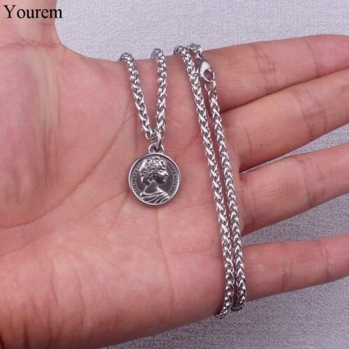 Yourem Stainless Steel Coin Necklace For women Jewelry Queen Elizabeth Necklaces Men Jewlery di211
