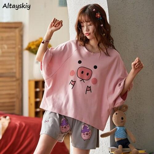 Pajama Sets Women Cartoon Sweet 5 Colors Soft BF Summer Round-neck Korean Thin Kawaii Elegant Fashion Ruffles Breathable College