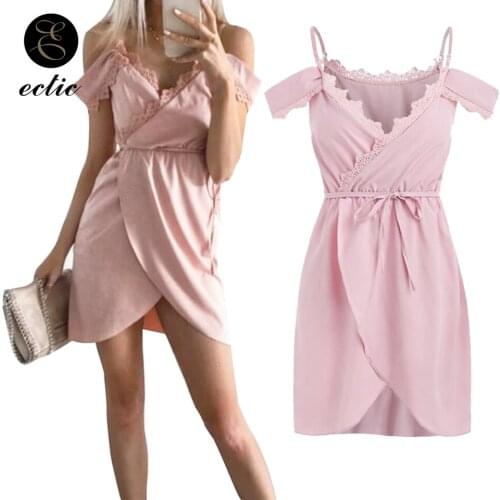 Ruffle Wrap Dress Black Mini Split Sukienka Cold Shoulder Dress Women Pink Robe Femme Ete 2021 Sexy Strap Lace Stitching Dress