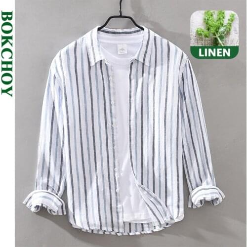 Striped Linen Shirts for Man Pure Hemp Made Breathable Comfortable 2020 Autumn Winter New GML03-1982