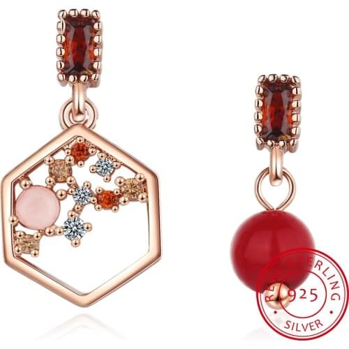 Temperament Red Pearl Hexagon Asymmetric Retro Stud Earrings 925 Sterling Silver Zirconia Earring Fine Jewelry