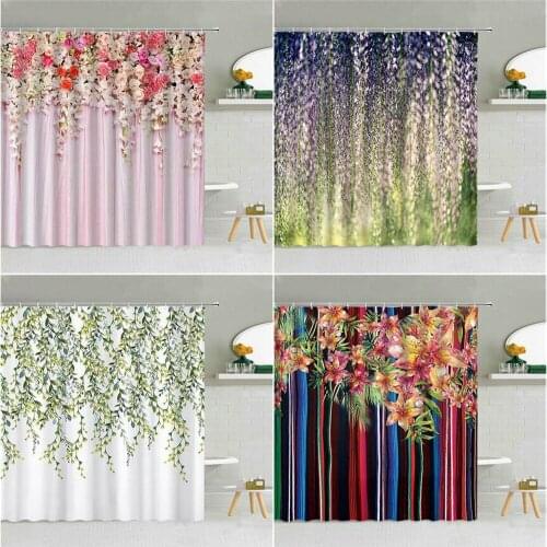 Flower Yellow Green Vine Leaf Shower Curtain Spring Rose Floral Scenery Bathroom Decor Pink Bath Hooks Waterproof Curtains