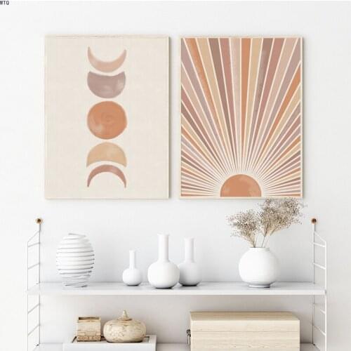 Boho Style Sun Moon Print Mid Century Vintage Canvas Painting Minimalist Poster Terracotta Wall Art Pictures Living Room Deocr