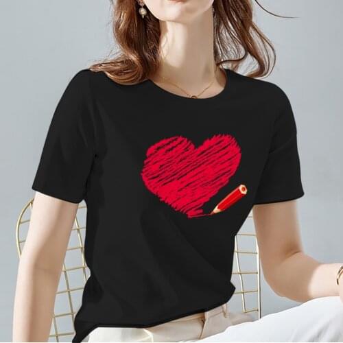 Women Tshirts Summer Love Heart Pattern Printing Female Tops Tee Casual Black All-match Lady T-shirt Women Clothes,Drop Shipping