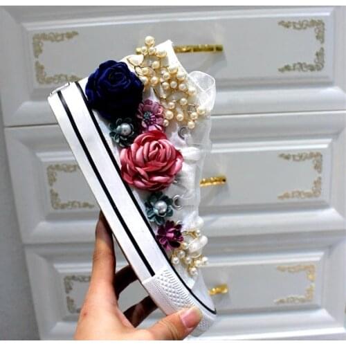 Koovan Womens Boots 2018 Spring Canvas Shoes White Female High Help Custom Rhinstone Sequins Flowers Flat Shoes For Girls