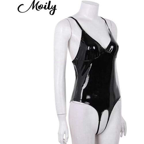 Womens Sissy Erotic Latex Catsuit Wetlook PU Leather Sexy Open Crotch Costumes High Cut Bodysuit Leotard Teddy Lingerie Clubwear