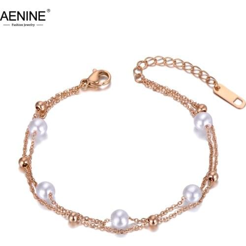 AENINE Fashion Double Layer White Pearl Charm Bracelets For Women Bohemia Stainless Steel Link & Chain Party Bracelet AB20013