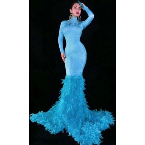 Blue full beads Dress Stage Wear Big Stretch drag queen dress Singer Evening Performance Feather long tail dress