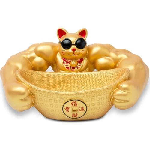 Gold Luxury Fortune Cat Strong Ornaments Living Room Figurines Treasure Bowl Office Desk Home Decoration Accessories Gift Ideas
