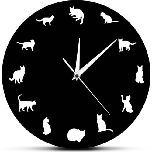 12 Different Cat Pose Modern Wall Clock Kitty Clock Wall Watch Pet Shop Wall Art Kitten Animal Nursery Decor Cat Lovers Gift
