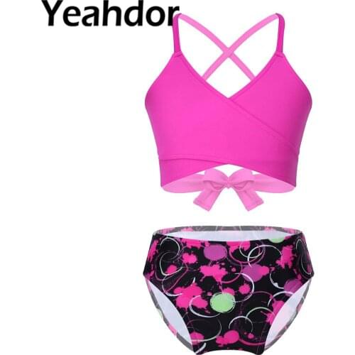 2021 Kids Girls Two Pieces Swimwear Swimsuit Wrapped V Neck Self-Tie Crop Top Print Bikini Bottom Bathing Suit Swimming Outfit