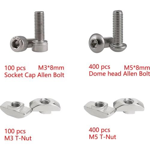 400 pcs M5*8mm Dome head Allen Bolt 100 pcs M3*8mm Socket Cap Allen Bolt 100 pcs M3 T-Nut 400 pcs M5 T-Nut