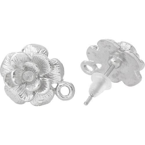 8Seasons Zinc Alloy Ear Post Stud Earrings Findings Flower Silver Color W/ Loop 15mm x 14mm, Post/ Wire Size: (19 gauge), 50 PCs